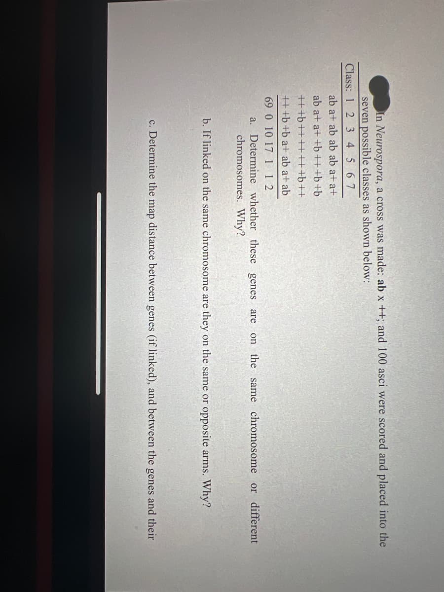 In Neurospora, a cross was made: ab x ++; and 100 asci were scored and placed into the
seven possible classes as shown below:
Class: 1 2 3 4 5 6 7
ab a+ ab ab ab a+a+
ab a+ a++b+++b+b
+++b+++++++b++
+++b +b a+ ab a+ ab
69 0 10 17 112
a. Determine whether these genes are on the same chromosome or different
chromosomes. Why?
b. If linked on the same chromosome are they on the same or opposite arms. Why?
c. Determine the map distance between genes (if linked), and between the genes and their