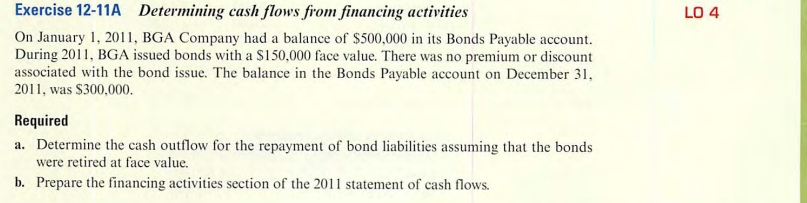 Exercise 12-11A Determining cash flows from financing activities
On January 1, 2011, BGA Company had a balance of $500,000 in its Bonds Payable account.
During 2011, BGA issued bonds with a $150,000 face value. There was no premium or discount
associated with the bond issue. The balance in the Bonds Payable account on December 31,
2011, was $300,000.
Required
a. Determine the cash outflow for the repayment of bond liabilities assuming that the bonds
were retired at face value.
b. Prepare the financing activities section of the 2011 statement of cash flows.
LO 4