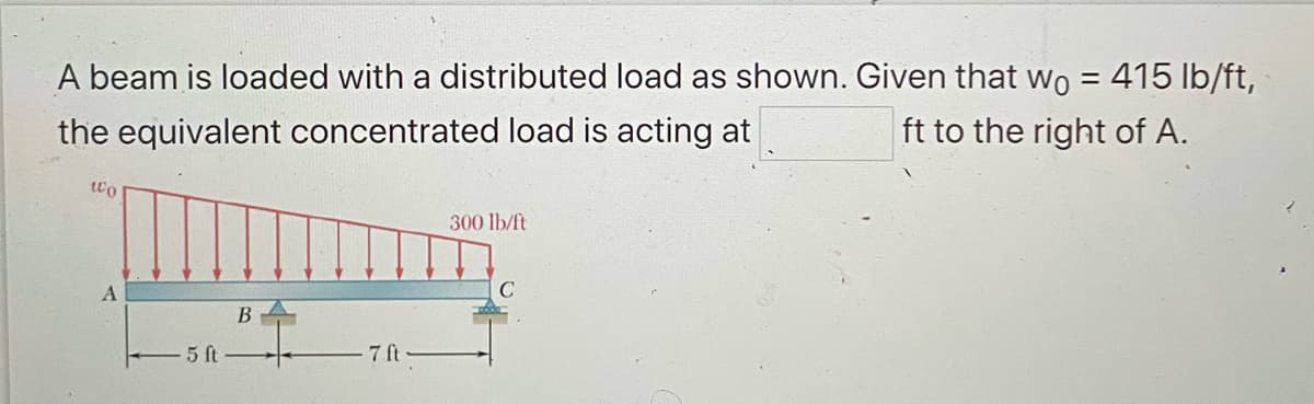 A beam is loaded with a distributed load as shown. Given that wo = : 415 lb/ft,
the equivalent concentrated load is acting at
ft to the right of A.
Wo
A
- 5 ft
B
7 ft
300 lb/ft