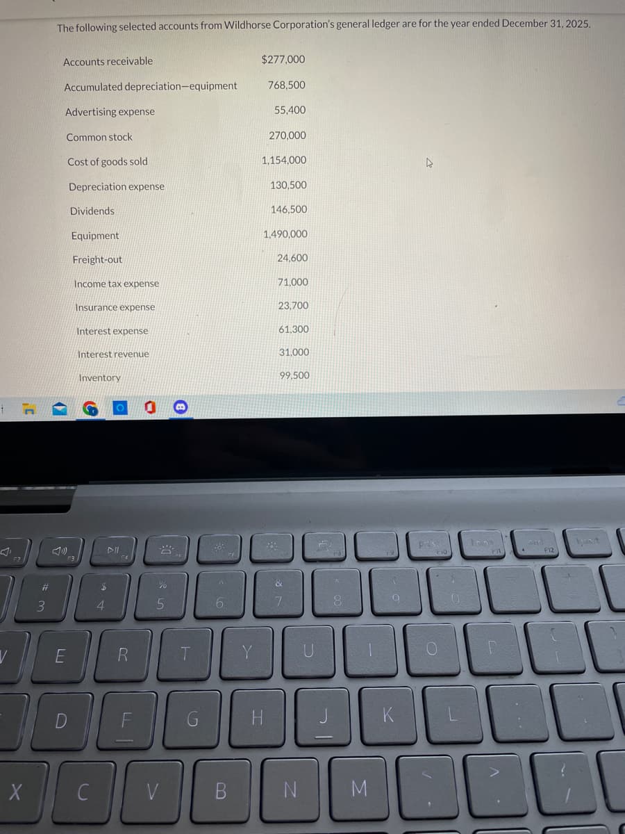 C
#m
X
3
The following selected accounts from Wildhorse Corporation's general ledger are for the year ended December 31, 2025.
Accounts receivable
Accumulated depreciation-equipment
Advertising expense
Common stock
4
Cost of goods sold
Depreciation expense
Dividends
Equipment
Freight-out
Income tax expense
F3
Insurance expense
Interest expense
Interest revenue
Inventory
C
DII
$
4
R
0
100
и до
V
T
A
6
m
$277,000
768,500
T
55,400
270.000
1,154,000
130.500
146,500
1,490,000
24,600
71,000
23,700
61,300
31,000
99,500
7
N
D
기
8
-
7
M
a
▷
prisc
home
O
FA
3000
JOOL
0000
a