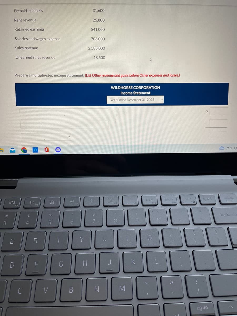 3
Prepaid expenses
Rent revenue
Retained earnings
Salaries and wages expense
Sales revenue
E
Unearned sales revenue
$
F4
R
DE
Tc
C
Prepare a multiple-step income statement. (List Other revenue and gains before Other expenses and losses.)
%
5
V
m
T
G
Fő!
A
6
B
Y
H
31,600
25,800
541,000
706,000
2,585,000
28
18,500
&
7
N
U
WILDHORSE CORPORATION
Income Statement
Year Ended December 31, 2025
21
8
M
9
PAS
K
hone
OLL
000000
000C
000
20
and
• F12
t
og up
71°F Cl-
delete
backsonce