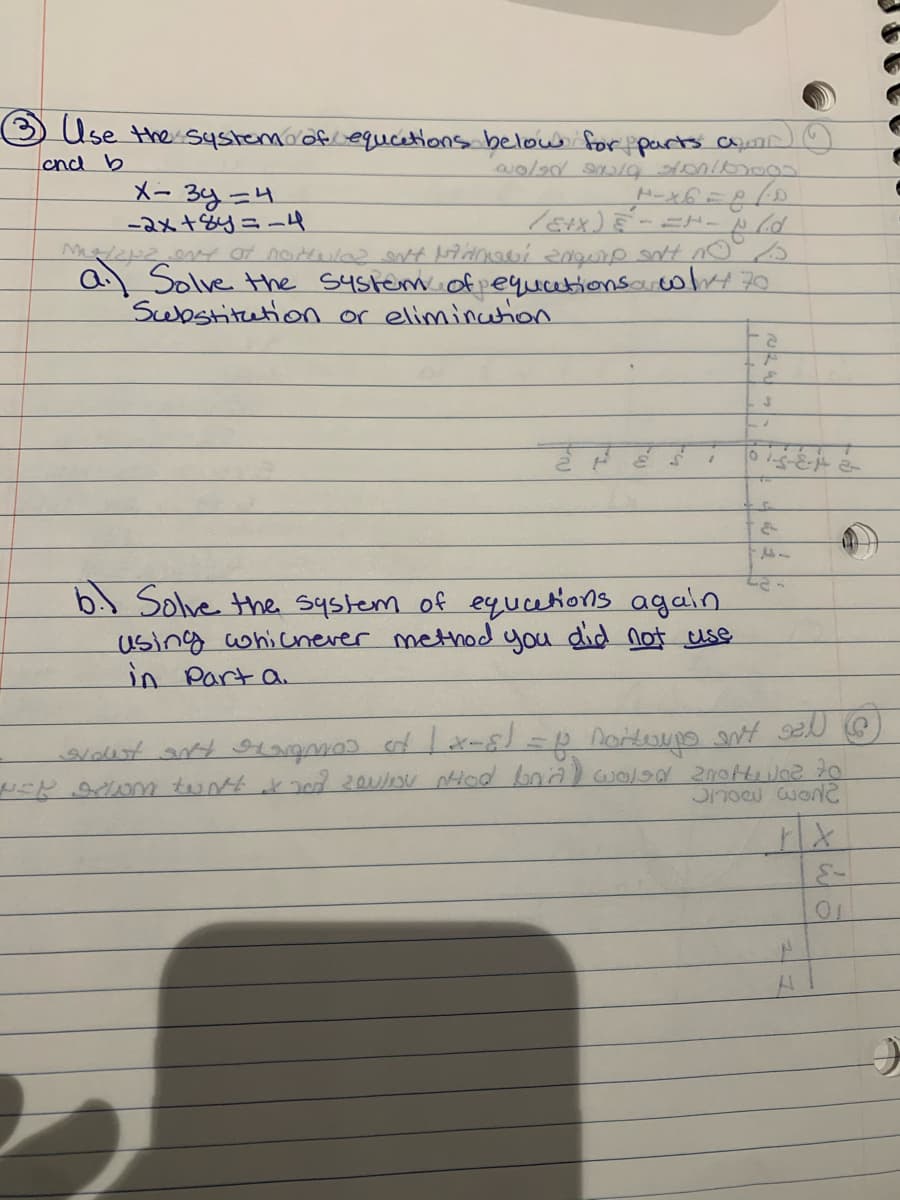 Use the syshemo of equcetions belows for parts aquan
cnd b
メー 3y=4
-ax+8y=-4
a) Solve the System of equationsolr70
Swbstitution or elimincition
b) Solve the system of equceions again
using whicinever method you did not use
in Part a.
