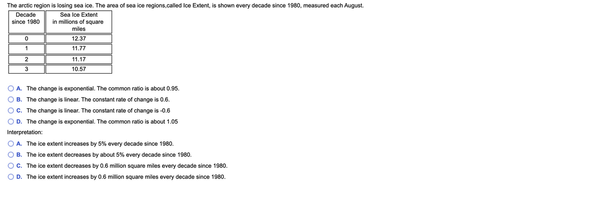 The arctic region is losing sea ice. The area of sea ice regions,called Ice Extent, is shown every decade since 1980, measured each August.
Decade
Sea Ice Extent
since 1980
in millions of square
miles
12.37
1
11.77
2
11.17
10.57
A. The change is exponential. The common ratio is about 0.95.
B. The change is linear. The constant rate of change is 0.6.
C. The change is linear. The constant rate of change is -0.6
D. The change is exponential. The common ratio is about 1.05
Interpretation:
A. The ice extent increases by 5% every decade since 1980.
B. The ice extent decreases by about 5% every decade since 1980.
C. The ice extent decreases by 0.6 million square miles every decade since 1980.
D. The ice extent increases by 0.6 million square miles every decade since 1980.
