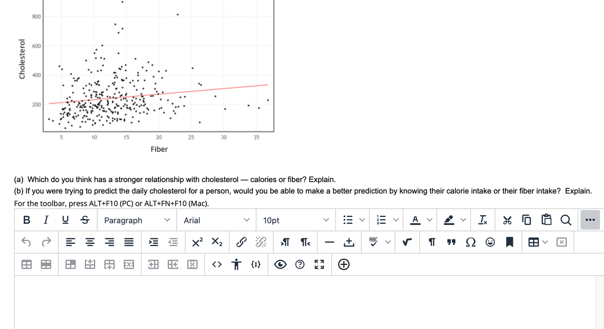 800
600
400
200
10
15
20
25
30
35
Fiber
(a) Which do you think has a stronger relationship with cholesterol
calories or fiber? Explain.
(b) If you were trying to predict the daily cholesterol for a person, would you be able to make a better prediction by knowing their calorie intake or their fiber intake? Explain.
For the toolbar, press ALT+F10 (PC) or ALT+FN+F10 (Mac).
B I U S
Paragraph
Arial
10pt
A v
Ix
Q
•..
x? X2
ABC
由用区
田用图
<> Ť {i}
Cholesterol
!!!
