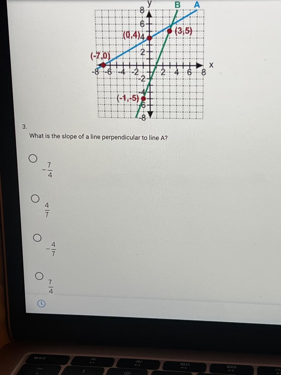 y
(0.4)4,
(3,5)
(-7,0)
-8-6
4 6 8
(-1,-5)
3.
What is the slope of a line perpendicular to line A?
7
esc
80
888
