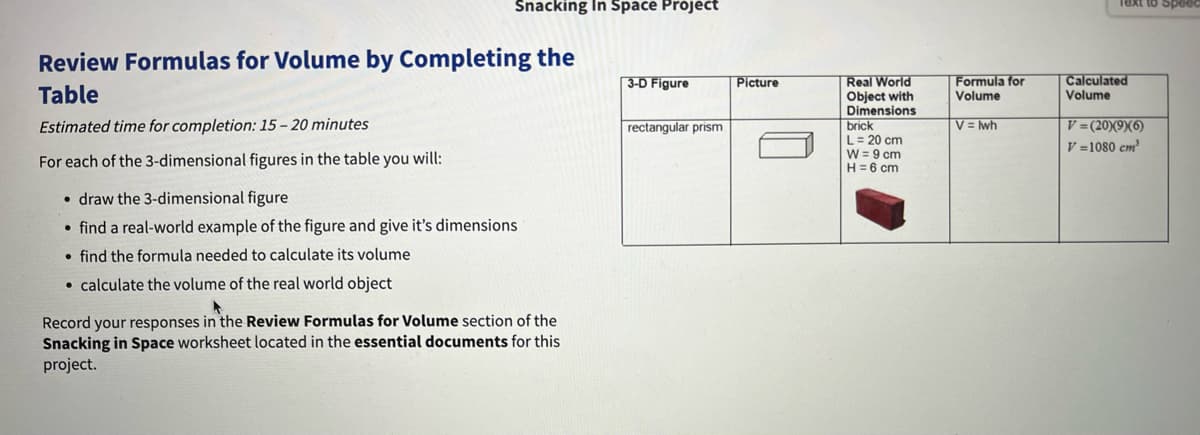 Snacking In Space Project
Review Formulas for Volume by Completing the
Real World
Object with
Dimensions
| 3-D Figure
Formula for
Calculated
Volume
Picture
Table
Volume
V =(20)(9X6)
V =1080 cm
Estimated time for completion: 15 – 20 minutes
rectangular prism
V = wh
brick
L= 20 cm
W = 9 cm
H= 6 cm
For each of the 3-dimensional figures in the table you will:
• draw the 3-dimensional figure
• find a real-world example of the figure and give it's dimensions
• find the formula needed to calculate its volume
• calculate the volume of the real world object
Record your responses in the Review Formulas for Volume section of the
Snacking in Space worksheet located in the essential documents for this
project.
