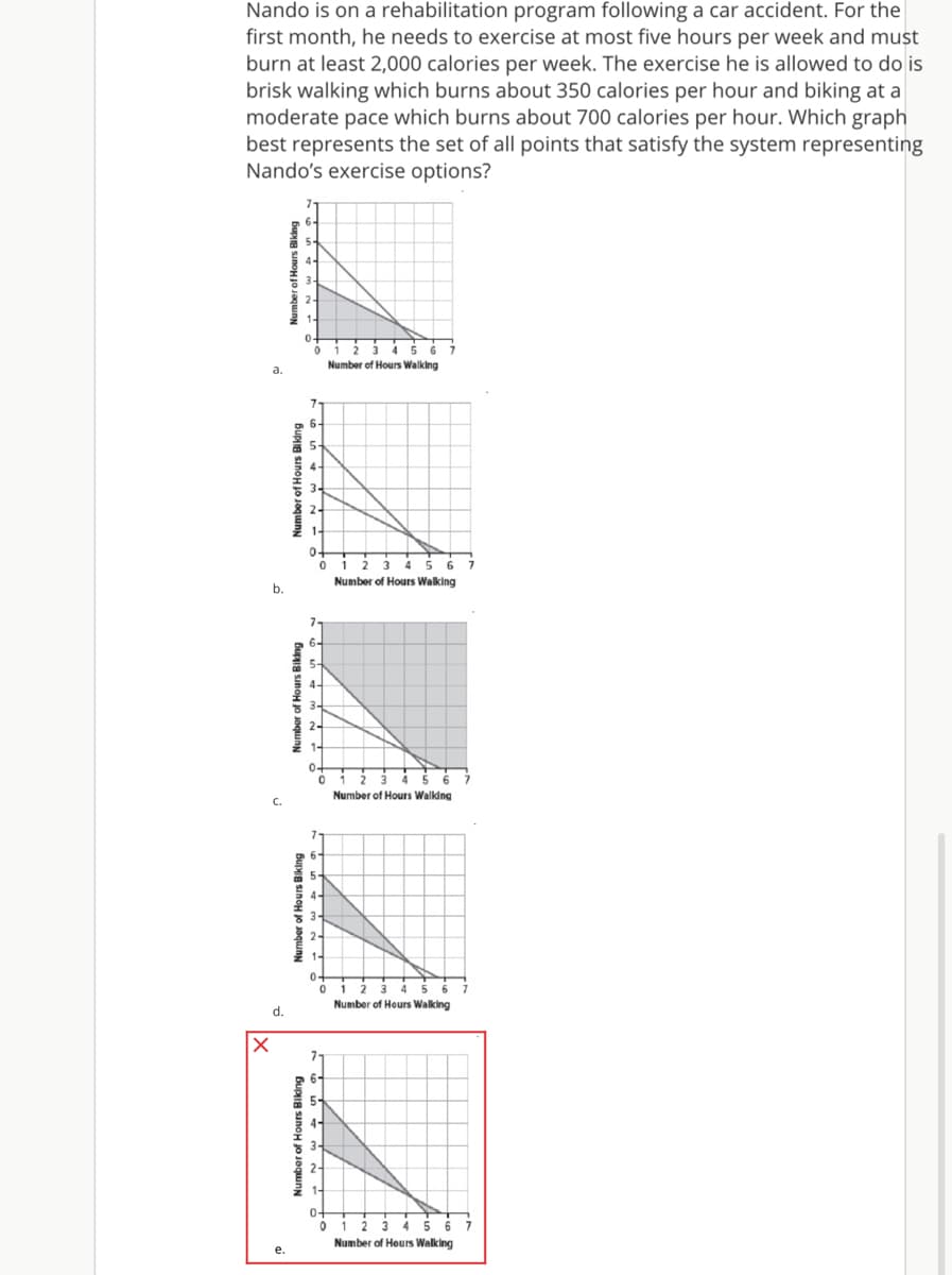 Nando is on a rehabilitation program following a car accident. For the
first month, he needs to exercise at most five hours per week and must
burn at least 2,000 calories per week. The exercise he is allowed to do is
brisk walking which burns about 350 calories per hour and biking at a
moderate pace which burns about 700 calories per hour. Which graph
best represents the set of all points that satisfy the system representing
Nando's exercise options?
Number of Hours Walking
Number of Hours Walking
b.
4-
of
2-
Number of Hours Walking
C.
4-
Number of Hours Walking
d.
3-
2-
0-
Number of Hours Walking
е.
lumber of Hours Biking
Number of Hours Biking
