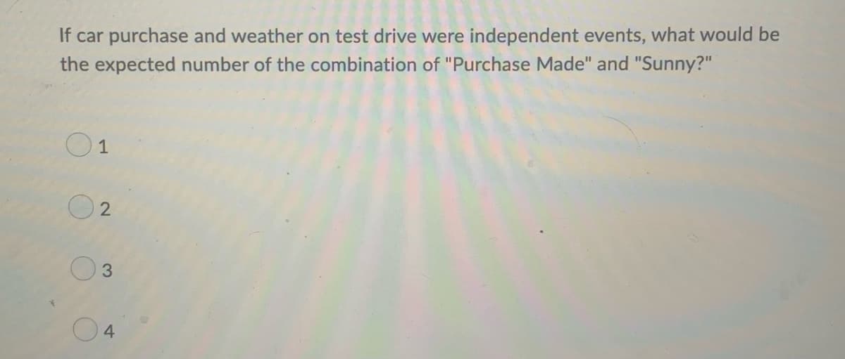 If car purchase and weather on test drive were independent events, what would be
the expected number of the combination of "Purchase Made" and "Sunny?"
O 1
O 2
