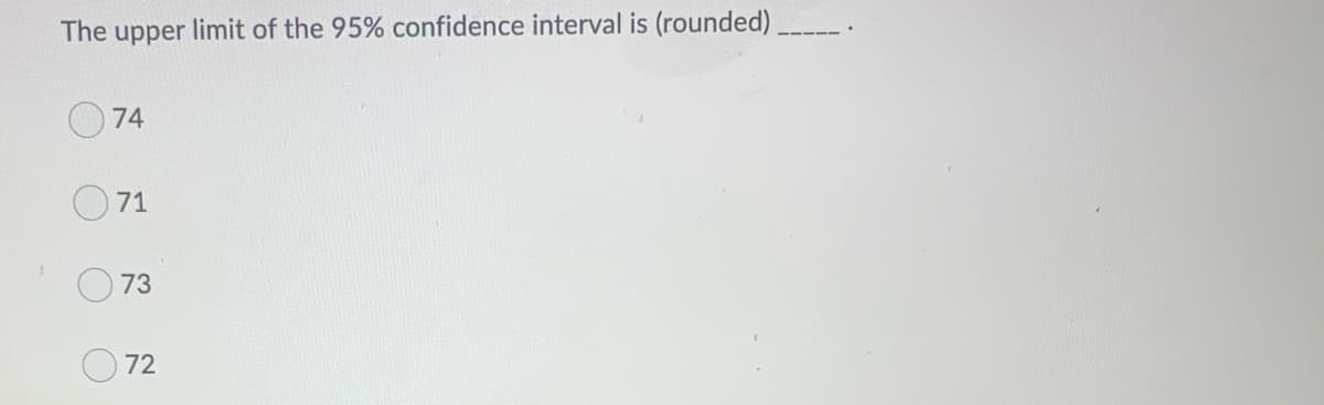 The upper limit of the 95% confidence interval is (rounded)
74
71
73
72
