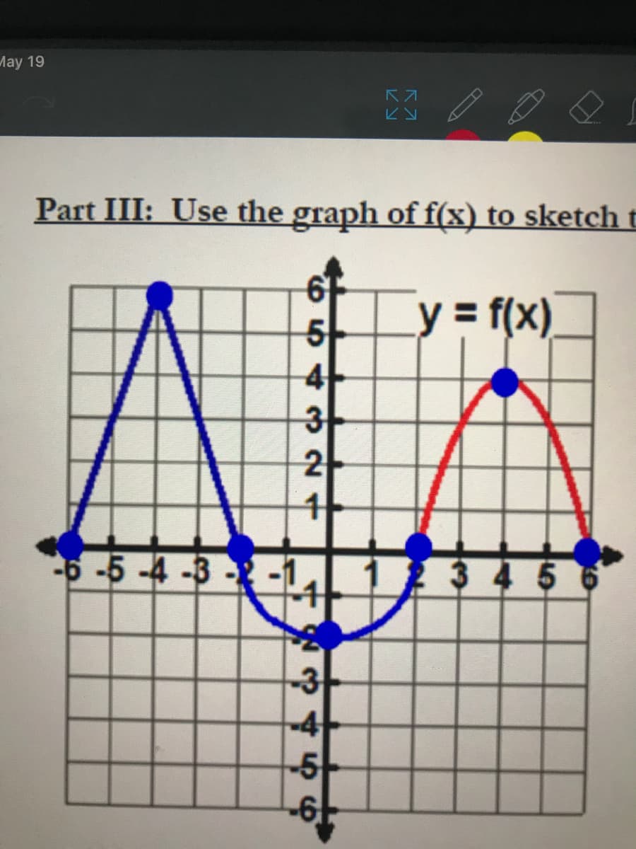 May 19
Part III: Use the graph of f(x) to sketcht
of
y = f(x).
4-
3
2
6-5-4-3
--1
345 6
-5
-6
7542 24
3456
