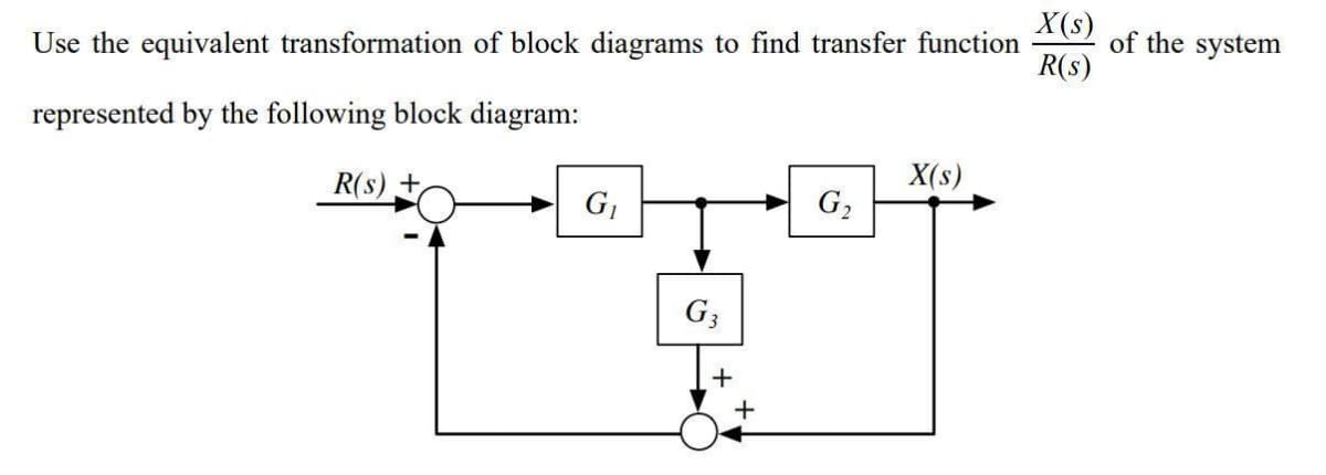 Use the equivalent transformation of block diagrams to find transfer function
represented by the following block diagram:
R(s)
G₁
ITU
G3
+
X(s)
G₂
X(s)
R(S)
of the system