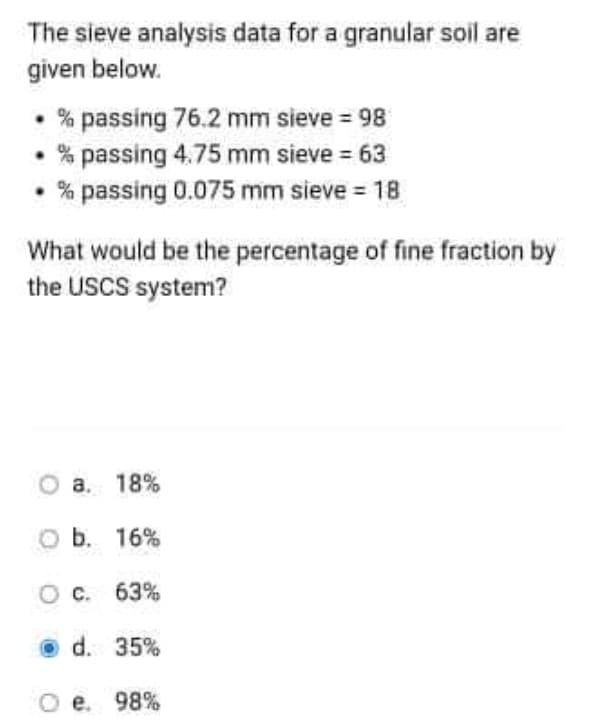 The sieve analysis data for a granular soil are
given below.
% passing 76.2 mm sieve = 98
% passing 4.75 mm sieve = 63
% passing 0.075 mm sieve = 18
What would be the percentage of fine fraction by
the USCS system?
а. 18%
оБ. 16%
O c. 63%
O d. 35%
e. 98%
