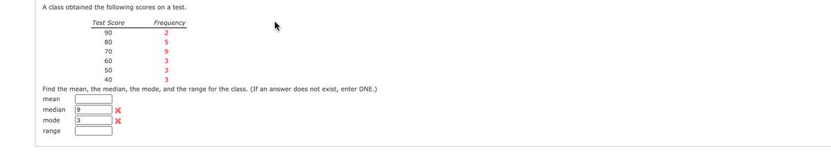 A class obtained the following scores on a test.
Test Score
Frequency
90
2
80
70
9.
60
3
50
40
3
Find the mean, the median, the mode, and the range for the class. (If an answer does not exist, enter DNE.)
mean
median
9.
mode
3
range
X X
