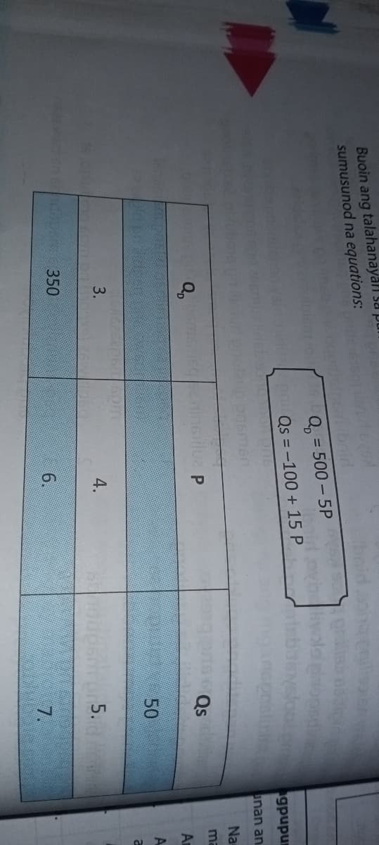 Buoin ang talahanayal Sa pu
sumusunod na equations:
bnid
Q, = 500-5P
Qs = -100 + 15 P
gpupu
unan an
Na
ma
Q,
Qs
A
|50
6pm
3.
4.
5.
350
6.
7.
