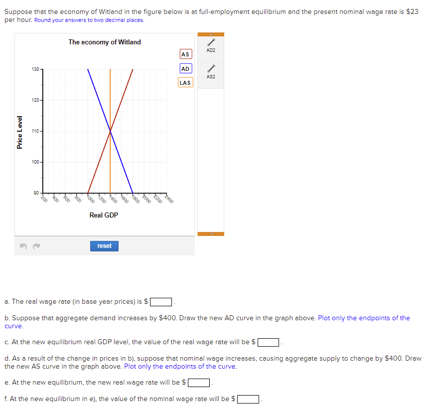 Suppose that the economy of Witland in the figure below is at full-employment equilibrium and the present nominal wage rate is $23
per hour. Round your answers to two decimal places.
Price Level
130-
120-
110-
100-
90
The economy of Witland
1000
200
4400
Real GDP
reset
600
1800
2000
2200
2400
AS
AD
LAS
AD2
AS2
a. The real wage rate (in base year prices) is $
b. Suppose that aggregate demand increases by $400. Draw the new AD curve in the graph above. Plot only the endpoints of the
curve.
c. At the new equilibrium real GDP level, the value of the real wage rate will be $
d. As a result of the change in prices in b), suppose that nominal wage increases, causing aggregate supply to change by $400. Draw
the new AS curve in the graph above. Plot only the endpoints of the curve.
e. At the new equilibrium, the new real wage rate will be $
f. At the new equilibrium in e), the value of the nominal wage rate will be $