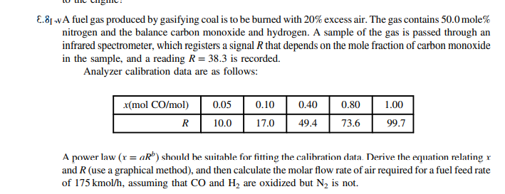 E.81 wA fuel gas produced by gasifying coal is to be burned with 20% excess air. The gas contains 50.0 mole%
nitrogen and the balance carbon monoxide and hydrogen. A sample of the gas is passed through an
infrared spectrometer, which registers a signal R that depends on the mole fraction of carbon monoxide
in the sample, and a reading R= 38.3 is recorded.
Analyzer calibration data are as follows:
x(mol CO/mol)
0.05
0.10
0.40
0.80
1.00
R
10.0
17.0
49.4
73.6
99.7
A power law (r = aR®) should he suitable for fitting the calibration data. Derive the equation relating r
and R (use a graphical method), and then calculate the molar flow rate of air required for a fuel feed rate
of 175 kmol/h, assuming that CO and H, are oxidized but N2 is not.
