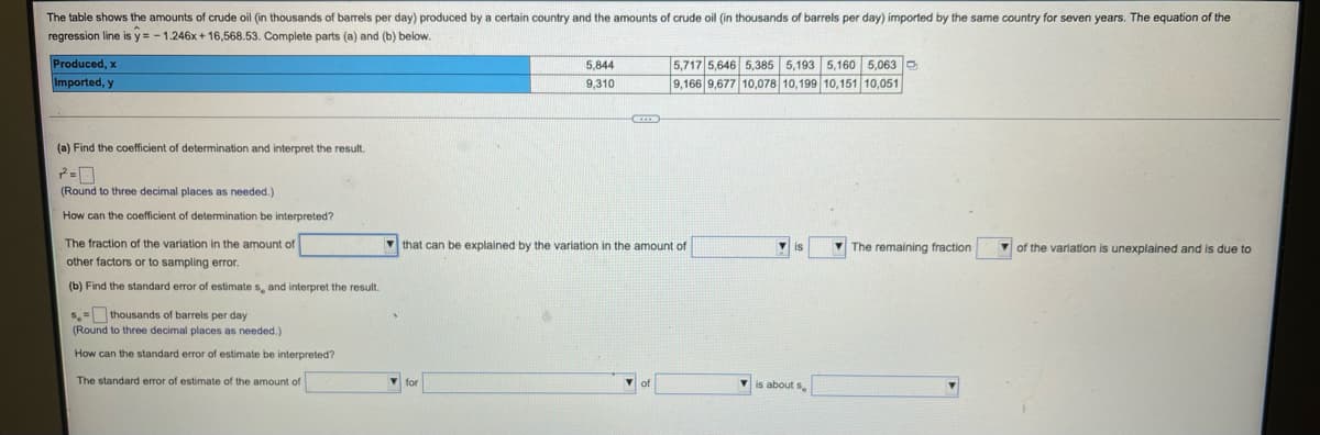 The table shows the amounts of crude oil (in thousands of barrels per day) produced by a certain country and the amounts of crude oil (in thousands of barrels per day) imported by the same country for seven years. The equation of the
regression line is y = - 1.246x + 16,568.53. Complete parts (a) and (b) below.
5,717 5,646 5,385 5,193 5,160 5,063 O
9,166 9,677 10,078 10,199 10,151 10,051
Produced, x
5,844
Imported, y
9,310
(a) Find the coefficient of determination and interpret the result.
(Round to three decimal places as needed.)
How can the coefficient of detemmination be interpreted?
The fraction of the variation in the amount of
V that can be explained by the variation in the amount of
V The remaining fraction
V of the varlation is unexplained and is due to
other factors or to sampling error.
(b) Find the standard error
estimate s, and interpret the result.
s= thousands
barrels per day
(Round to three decimal places as needed.)
How can the standard error of estimate be interpreted?
The standard error of estimate of the amount of
V for
v is about s
