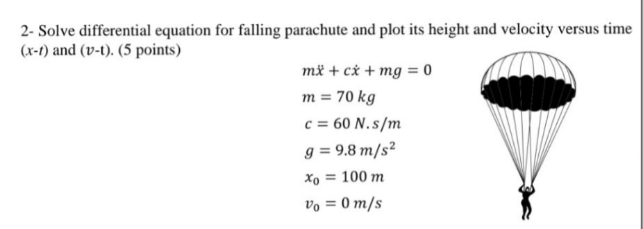 2- Solve differential equation for falling parachute and plot its height and velocity versus time
(x-1) and (v-t). (5 points)
mx + cx + mg = 0
m = 70 kg
c = 60 N.s/m
g = 9.8 m/s²
Xo = 100 m
Vo = 0 m/s