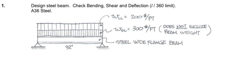 ### Steel Beam Design

#### Task:

1. **Design Steel Beam**: Check the beam for Bending, Shear, and Deflection, ensuring it adheres to the L/360 limit. Utilize A36 steel for the design.

#### Diagram Explanation:

The diagram depicts a steel beam spanning 32 feet. Key elements and annotations include:

- **Beam Loadings**:
  - \( w_{LL} = 200 \, \text{lbs/ft} \): This denotes the live load applied to the beam.
  - \( w_{DL} = 300 \, \text{lbs/ft} \) (excluding the beam's own weight): This represents the dead load on the beam.

- **Material**: The beam is specified to be a steel wide flange beam, composed of A36 steel.

This setup is typically used in structural engineering to ensure the beam can support the specified loads without excessive bending, shear failure, or deflection. The design process involves calculating the required moment of inertia, section modulus, and other factors to ensure the beam's safety and functionality under the given loads.