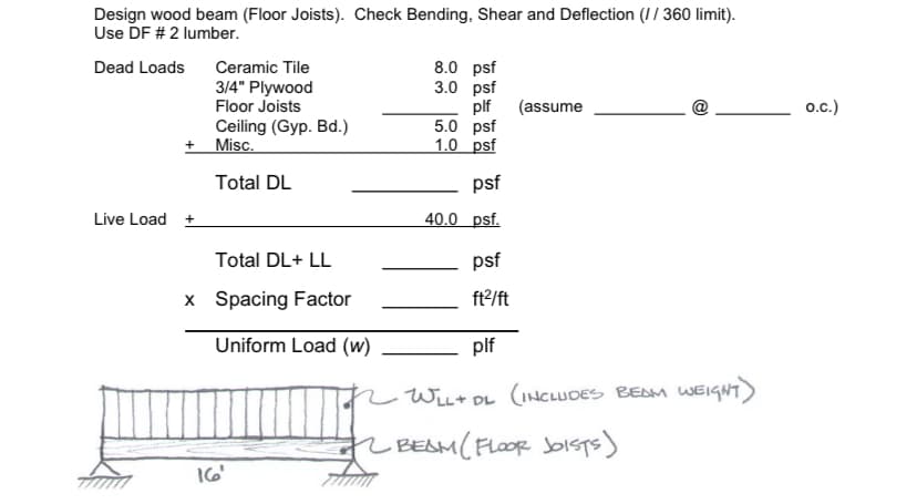 Design wood beam (Floor Joists). Check Bending, Shear and Deflection (I/ 360 limit).
Use DF # 2 lumber.
Ceramic Tile
8.0 psf
3.0 psf
Dead Loads
3/4" Plywood
Floor Joists
plf
5.0 psf
1.0 psf
(assume
o.c.)
Ceiling (Gyp. Bd.)
+ Misc.
Total DL
psf
Live Load +
40.0 psf.
Total DL+ LL
psf
x Spacing Factor
ft2/ft
Uniform Load (w)
plf
WiLt
(INCLUDES BEAM WEIGHT)
DL
r BESM(FLOOR bisps)
16'
