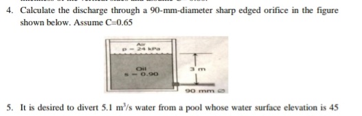 4. Calculate the discharge through a 90-mm-diameter sharp edged orifice in the figure
shown below. Assume C=0.65
Oil
0.90
90 mm
5. It is desired to divert 5.1 m'/s water from a pool whose water surface elevation is 45
