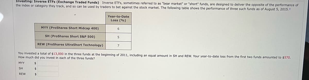 Investing: Inverse ETFs (Exchange Traded Funds) Inverse ETFs, sometimes referred to as "bear market" or "short" funds, are designed to deliver the opposite of the performance of
the index or category they track, and so can be used by traders to bet against the stock market. The following table shows the performance of three such funds as of August 5, 2015.+
MYY (ProShares Short Midcap 400)
SH (ProShares Short S&P 500)
REW (ProShares UltraShort Technology)
$
$
Year-to-Date
Loss (%)
6
5
7
You invested a total of $13,000 in the three funds at the beginning of 2011, including an equal amount in SH and REW. Your year-to-date loss from the first two funds amounted to $570.
How much did you invest in each of the three funds?
MYY
$
SH
REW