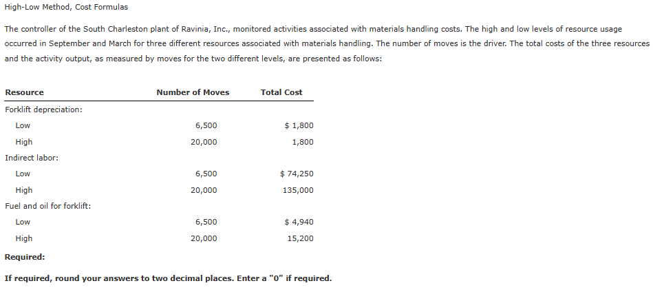 High-Low Method, Cost Formulas
The controller of the South Charleston plant of Ravinia, Inc., monitored activities associated with materials handling costs. The high and low levels of resource usage
occurred in September and March for three different resources associated with materials handling. The number of moves is the driver. The total costs of the three resources
and the activity output, as measured by moves for the two different levels, are presented as follows:
Resource
Forklift depreciation:
Low
High
Indirect labor:
Low
High
Fuel and oil for forklift:
Number of Moves
6,500
20,000
6,500
20,000
6,500
20,000
Total Cost
$ 1,800
1,800
$ 74,250
135,000
Low
High
Required:
If required, round your answers to two decimal places. Enter a "0" if required.
$ 4,940
15,200