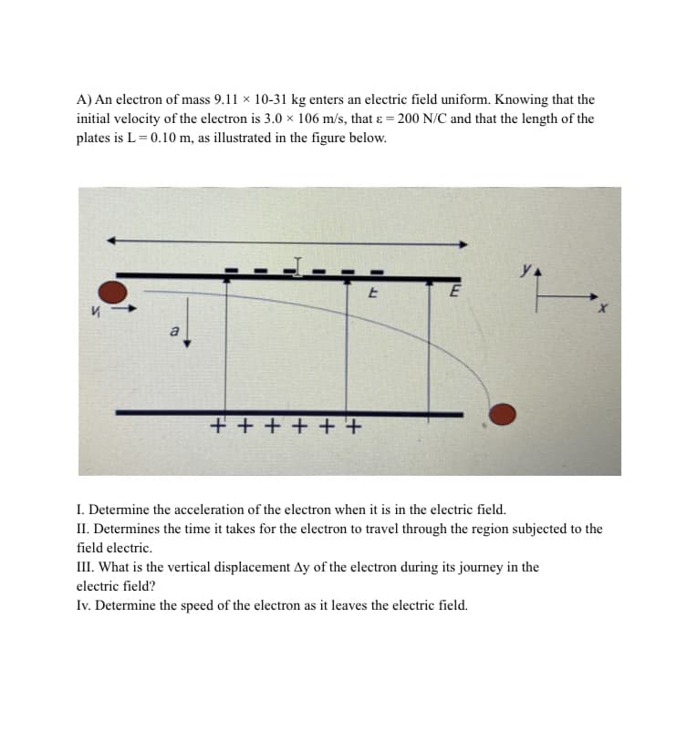 A) An electron of mass 9.11 × 10-31 kg enters an electric field uniform. Knowing that the
initial velocity of the electron is 3.0 x 106 m/s, that ε = 200 N/C and that the length of the
plates is L = 0.10 m, as illustrated in the figure below.
YA
E
E
"H
++++++
I. Determine the acceleration of the electron when it is in the electric field.
II. Determines the time it takes for the electron to travel through the region subjected to the
field electric.
III. What is the vertical displacement Ay of the electron during its journey in the
electric field?
Iv. Determine the speed of the electron as it leaves the electric field.