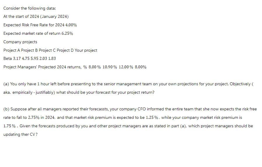 Consider the following data:
At the start of 2024 (January 2024)
Expected Risk Free Rate for 2024 4.00%
Expected market rate of return 6.25%
Company projects
Project A Project B Project C Project D Your project
Beta 3.17 4.75 5.95 2.03 1.83
Project Managers' Projected 2024 returns, % 8.00% 10.90% 12.00% 8.00%
(a) You only have 1 hour left before presenting to the senior management team on your own projections for your project. Objectively (
aka, empirically-justifiably) what should be your forecast for your project return?
(b) Suppose after all managers reported their forecassts, your company CFO informed the entire team that she now expects the risk free
rate to fall to 2.75% in 2024, and that market risk premium is expected to be 1.25 %, while your company market risk premium is
1.75%. Given the forecasts produced by you and other project managers are as stated in part (a), which project managers should be
updating ther CV?