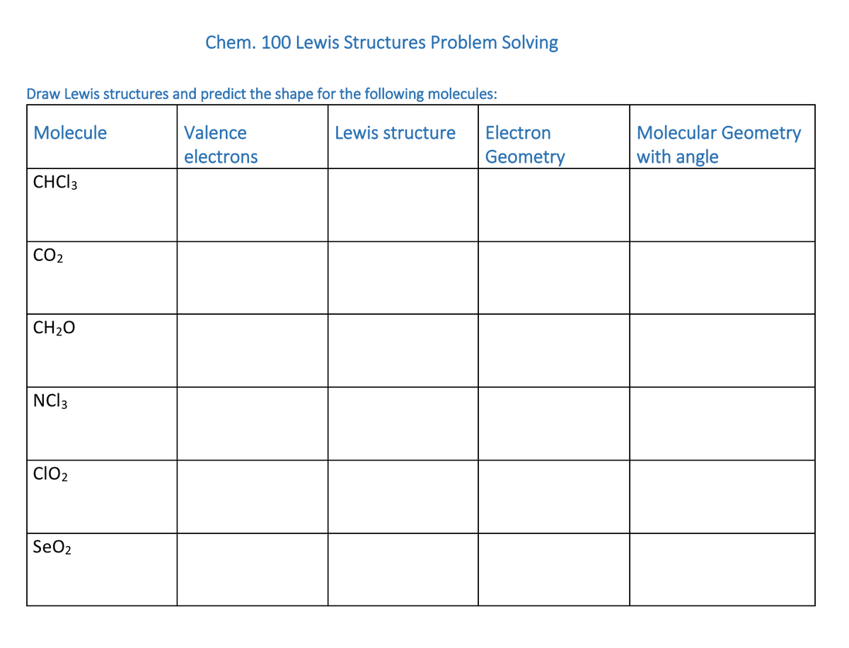 Chem. 100 Lewis Structures Problem Solving
Draw Lewis structures and predict the shape for the following molecules:
Molecule
Valence
Lewis structure
Electron
Molecular Geometry
electrons
Geometry
with angle
CHCI3
CO2
CH20
NCI3
CIO2
SeO2
