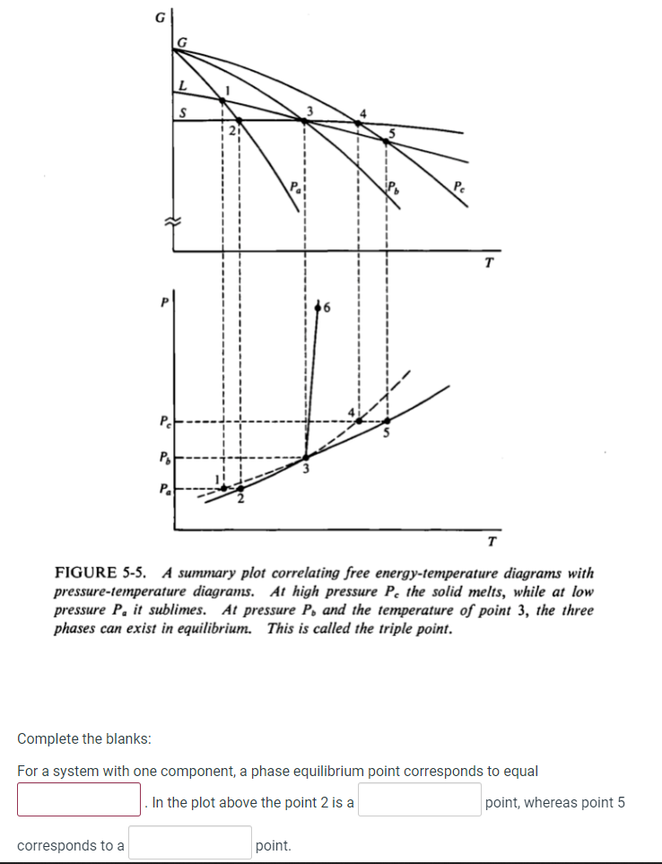 Pe
Po
P.
T
FIGURE 5-5. A summary plot correlating free energy-temperature diagrams with
pressure-temperature diagrams. At high pressure Pe the solid melts, while at low
pressure P, it sublimes. At pressure P, and the temperature of point 3, the three
phases can exist in equilibrium. This is called the triple point.
Complete the blanks:
For a system with one component, a phase equilibrium point corresponds to equal
In the plot above the point 2 is a
point, whereas point 5
corresponds to a
point.
