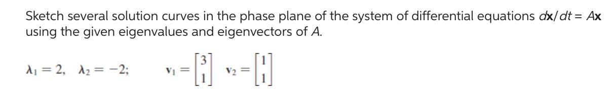 Sketch several solution curves in the phase plane of the system of differential equations dx/dt = Ax
using the given eigenvalues and eigenvectors of A.
A₁ = 2, A₂ = -2;
*-8 »-8
V₁ =
=