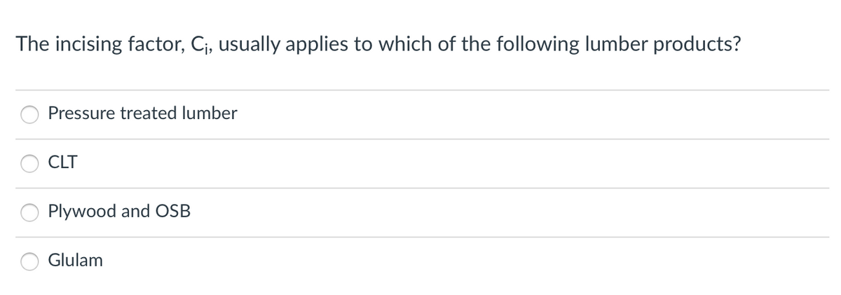 The incising factor, C;, usually applies to which of the following lumber products?
Pressure treated lumber
CLT
Plywood and OSB
Glulam
