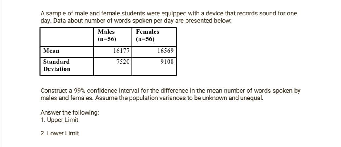 A sample of male and female students were equipped with a device that records sound for one
day. Data about number of words spoken per day are presented below:
Mean
Standard
Deviation
Males
(n=56)
16177
7520
Answer the following:
1. Upper Limit
2. Lower Limit
Females
(n=56)
16569
9108
Construct a 99% confidence interval for the difference in the mean number of words spoken by
males and females. Assume the population variances to be unknown and unequal.