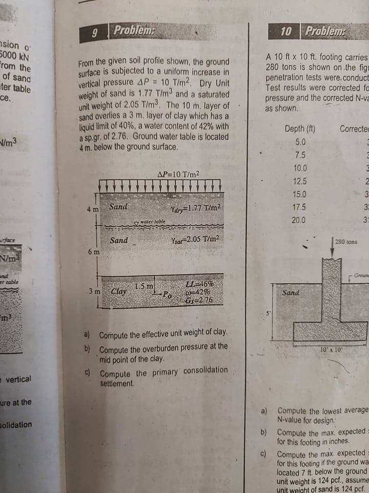 Problem:
10 Problem
nsion o
5000 kN
From the
of sand
ter table
се.
From the given soil profile shown, the ground
surface is subjected to a uniform increase in
vertical pressure AP = 10 T/m2. Dry Unit
weight of sand is 1.77 T/m and a saturated
unit weight of 2.05 T/m3. The 10 m. layer of
sand overlies a 3 m. layer of clay which has a
liquid limit of 40%, a water content of 42% with
a sp.gr. of 2.76. Ground water table is located
4 m. below the ground surface.
A 10 ft x 10 ft. footing carries
280 tons is shown on the figu
penetration tests were. conduct
Test results were corrected fa
%3D
pressure and the corrected N-va
as shown.
Depth (ft)
Corrected
Vm3
5.0
7.5
10.0
AP=10 T/m2
12.5
15.0
3.
Sand
4 m
Ydry=1.77 T/m2
17.5
water table
20.0
31
face
Sand
Ysar-2.05 T/m2
280 tons
6 m
N/m3
Groune
und
er table
LL-46%
15m
Clay
3 m
W=42%
Po
Sand
Gs=2.76
a) Compute the effective unit weight of clay.
b) Compute the overburden pressure at the
mid point of the clay.
10x 10
9 Compute the primary consolidation
settlement.
e vertical
ure at the
a) Compute the lowest average
N-value for design.
solidation
b) Compute the max. expected
for this footing in inches.
c) Compute the max. expected
for this footing if the ground wa
located 7 ft. below the ground
unit weight is 124 pcf., assume
unit weight of sand is 124 pcf.
