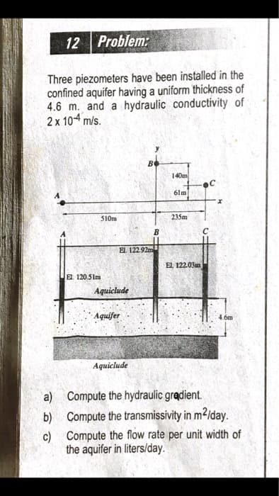 12 Problem:
Three piezometers have been installed in the
confined aquifer having a uniform thickness of
4.6 m. and a hydraulic conductivity of
2x 104 m/s.
B
140m
6lm
510m
235m
EL 122.92m
El, 122.03m
E. 120.5 Im
Aquiclude
Aquifer
4.6m
Aquiclude
a) Compute the hydraulic gradient.
b) Compute the transmissivity in m2/day.
c) Compute the flow rate per unit width of
the aquifer in liters/day.
