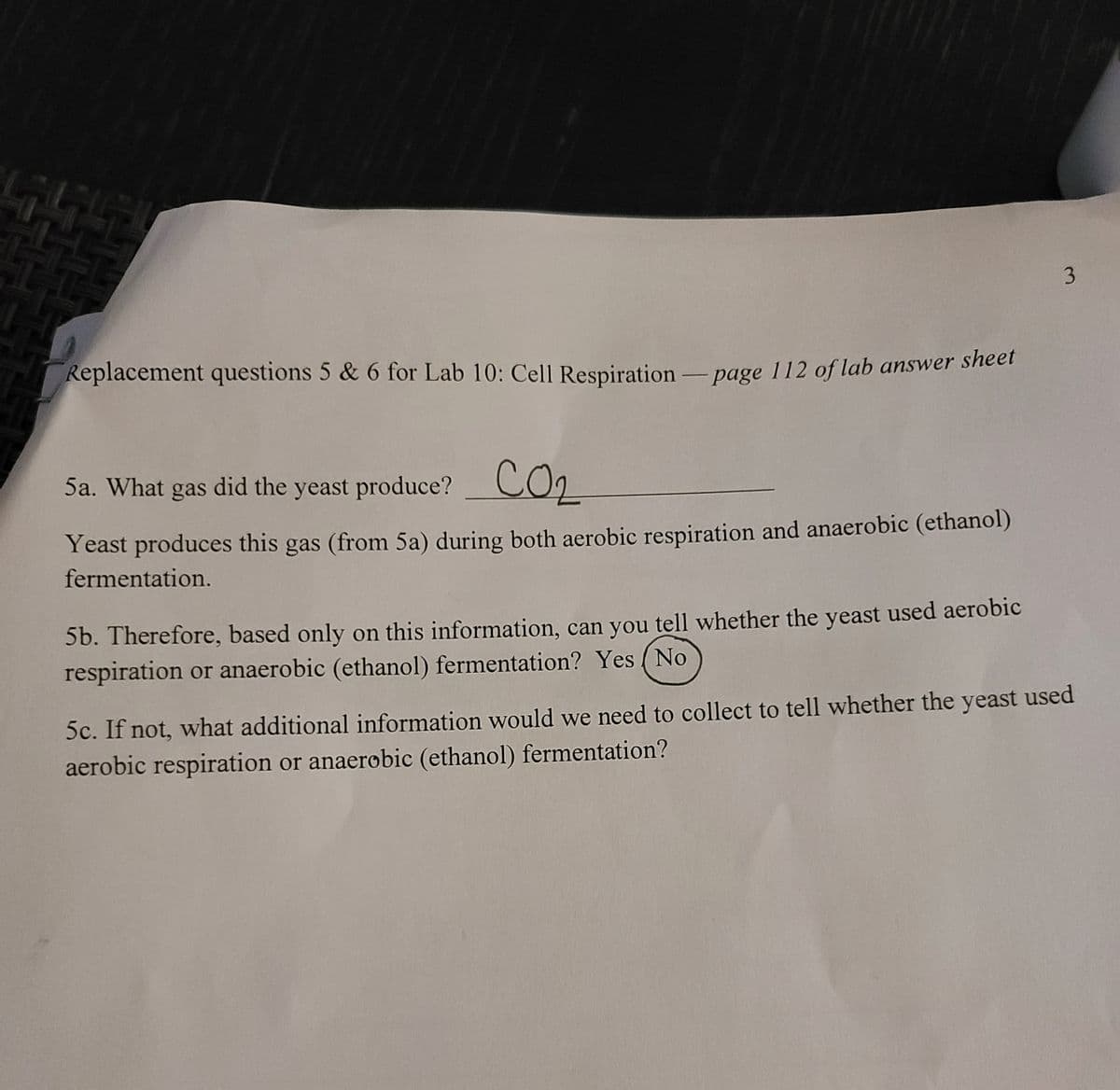 ### Lab 10: Cell Respiration Replacement Questions 5 & 6

#### Page 112 of Lab Answer Sheet

**5a. What gas did the yeast produce?**
   - **Answer:** CO₂

   Yeast produces this gas (from 5a) during both aerobic respiration and anaerobic (ethanol) fermentation.

---

**5b. Therefore, based only on this information, can you tell whether the yeast used aerobic respiration or anaerobic (ethanol) fermentation?**
   - **Answer:** No

---

**5c. If not, what additional information would we need to collect to tell whether the yeast used aerobic respiration or anaerobic (ethanol) fermentation?**

---

**Explanation:**

1. **Question 5a** investigates the gas produced by yeast, which in this case is identified as carbon dioxide (CO₂).

2. **Question 5b** addresses the fact that CO₂ is produced during both aerobic respiration and anaerobic fermentation. Therefore, simply knowing that CO₂ is produced does not provide enough information to differentiate between the two pathways of respiration.

3. **Question 5c** implies the need for additional data. To distinguish between aerobic respiration and anaerobic fermentation, one could measure other byproducts of the processes. For example, measuring ethanol production would suggest anaerobic fermentation, while measuring oxygen consumption or water production could indicate aerobic respiration.

This material is foundational for understanding cellular respiration and fermentation, important biological processes used by cells to generate energy. The key takeaway is recognizing the different conditions and outputs of aerobic versus anaerobic respiration.