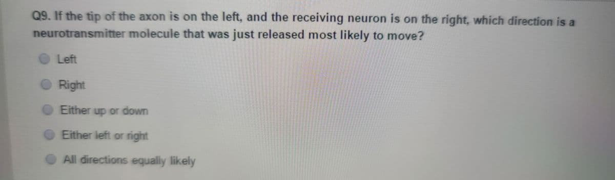 **Question 9:** If the tip of the axon is on the left, and the receiving neuron is on the right, which direction is a neurotransmitter molecule that was just released most likely to move?

- Left
- Right
- Either up or down
- Either left or right
- All directions equally likely