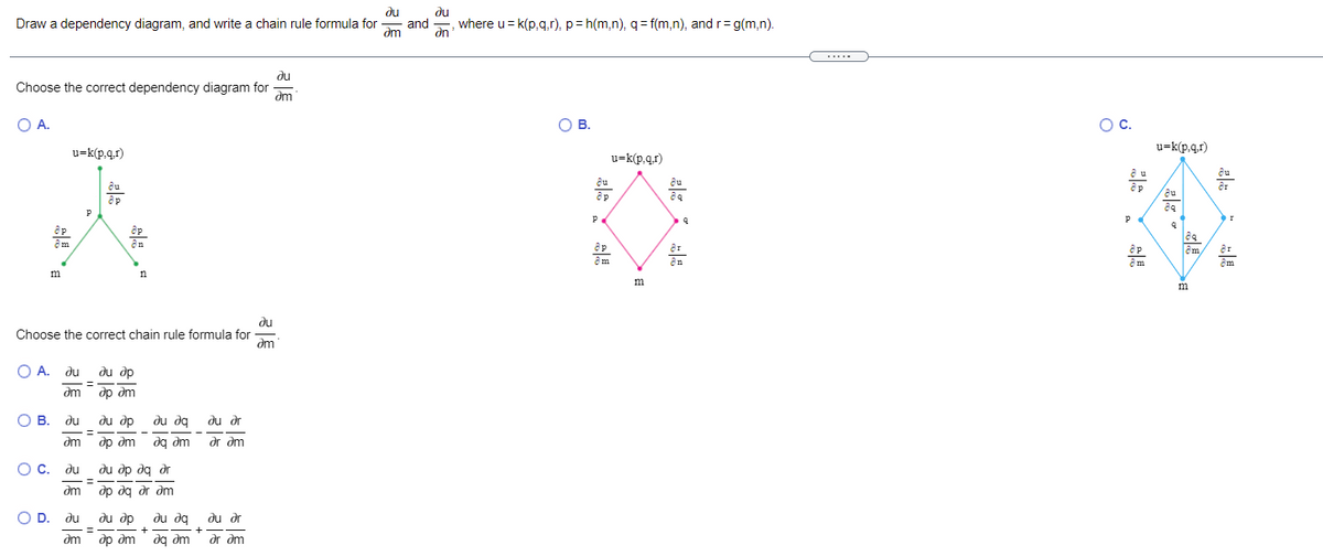 du
du
Draw a dependency diagram, and write a chain rule formula for
and
dm
where u = k(p,q,r), p= h(m,n), q= f(m,n), and r=g(m,n).
an
.....
du
Choose the correct dependency diagram for
dm
OA.
O B.
В.
Oc.
u=k(p.q.r)
u=k(p.q.r)
u=k(p.q.r)
p
an
êm,
an
n
du
Choose the correct chain rule formula for
O A. du
du dp
dm
dp dm
о в.
В. ди
du dp
du dq
du dr
%3D
dm
dp dm
up be
dr dm
OC.
C. du
du dp dg dr
= -
dm
dp dg dr dm
O D. du
du dp
du dg
du dr
+
-
dm
др дт
dg dm
dr dm
