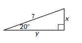 The image shows a right triangle labeled with angles and side lengths:

- The triangle has a right angle, indicated by a small square in the corner.
- One of the angles is labeled as 20°.
- The hypotenuse (the side opposite the right angle) is labeled with the length 7.
- The side adjacent to the 20° angle is labeled "y."
- The side opposite the 20° angle is labeled "x."

This diagram can be used to explore trigonometric relationships in right triangles, such as calculating the lengths of the unknown sides using sine, cosine, or tangent functions.