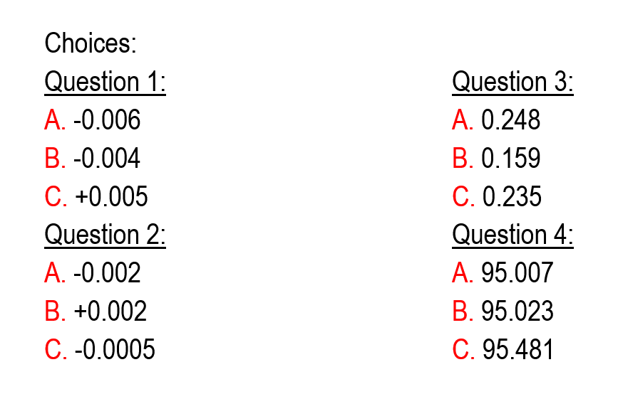 Choices:
Question 1:
Question 3:
A. -0.006
A. 0.248
B. 0.159
C. 0.235
Question 4:
B. -0.004
C. +0.005
Question 2:
А. -0.002
В. +0.002
C. -0.0005
A. 95.007
В. 95.023
C. 95.481
