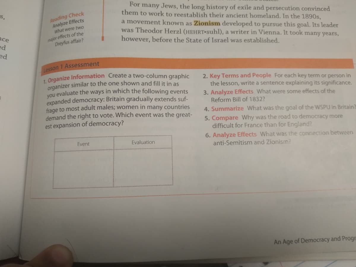 1. Organize Information Create a two-column graphic
For many Jews, the long history of exile and persecution convinced
them to work to reestablish their ancient homeland. In the 1890s,
a movement known as Zionism developed to pursue this goal. Its leader
was Theodor Herzl (HEHRT suhl), a writer in Vienna. It took many years,
however, before the State of Israel was established.
Reading Check
Analyze Effects
What were two
s,
nce
ed
major effects of the
Dreyfus affair?
Lesson 1 Assessment
organizer similar to the one shown and fill it in as
Vou evaluate the ways in which the following events
expanded democracy: Britain gradually extends suf-
frage to most adult males; women in many countries
demand the right to vote. Which event was the great-
2. Key Terms and People For each key term or person in
the lesson, write a sentence explaining its significance.
3. Analyze Effects What were some effects of the
Reform Bill of 1832?
4. Summarize What was the goal of the WSPU in Britain?
5. Compare Why was the road to democracy more
difficult for France than for England?
est expansion of democracy?
6. Analyze Effects What was the connection between
anti-Semitism and Zionism?
Event
Evaluation
An Age of Democracy and Progr
