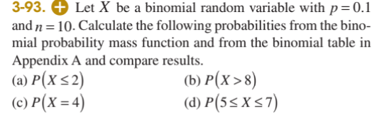 3-93. + Let X be a binomial random variable with p=0.1
and n = 10. Calculate the following probabilities from the bino-
mial probability mass function and from the binomial table in
Appendix A and compare results.
(a) P(X<2)
(c) P(X = 4)
(b) P(X >8)
(d) P(5< X<7)
