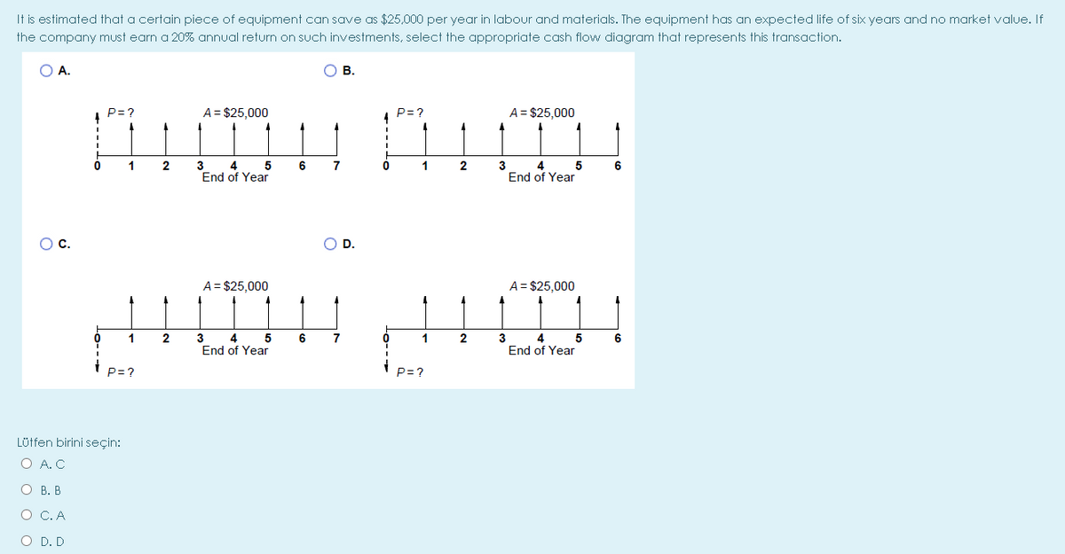 It is estimated that a certain piece of equipment can save as $25,000 per year in labour and materials. The equipment has an expected life of six years and no market value. If
the company must earn a 20% annual return on such investments, select the appropriate cash flow diagram that represents this transaction.
O A.
O B.
P= ?
A = $25,000
P= ?
A= $25,000
1
2
3
4
End of Year
5
6
2
3
4
End of Year
Oc.
O D.
A= $25,000
A = $25,000
!
3
End of Year
5
6
1
2.
3
6
End of Year
P=?
P=?
Lütfen birini seçin:
O A. C
О В. В
O C. A
O D. D
