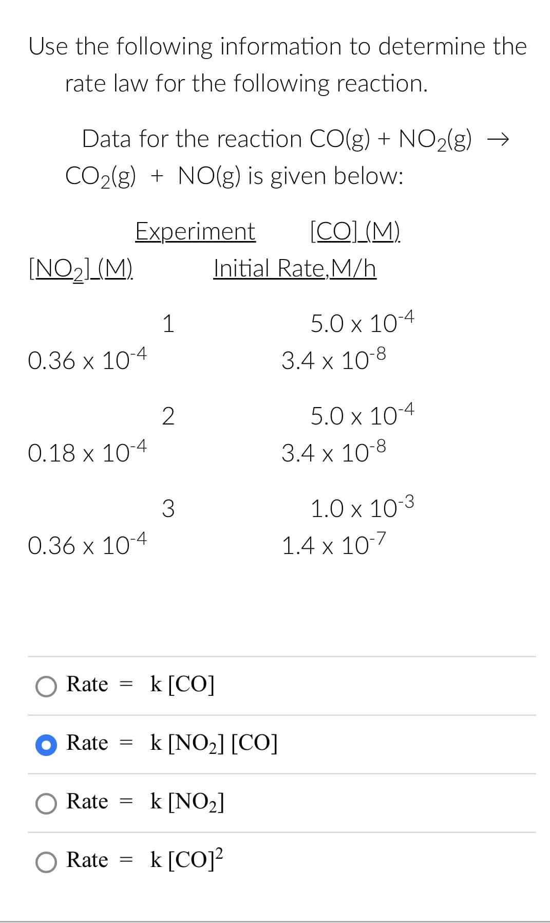 Use the following information to determine the
rate law for the following reaction.
Data for the reaction CO(g) + NO₂(g) →
CO₂(g) + NO(g) is given below:
Experiment
[NO₂] (M)
0.36 x 10-4
0.18 x 10-4
0.36 x 10-4
O Rate
Rate
Rate
=
O Rate k [CO]
=
=
1
=
2
3
Initial Rate, M/h
k [NO₂] [CO]
k [NO₂]
[CO]_(M).
k [CO]²
5.0 x 10-4
3.4 x 10-8
5.0 x 10-4
3.4 x 10-8
1.0 x 10-3
1.4 x 10-7