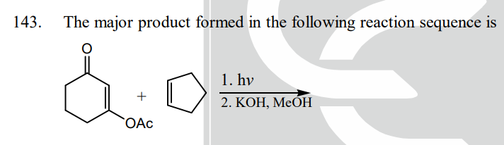 143. The major product formed in the following reaction sequence is
+
OAC
1. hv
2. KOH, MeOH