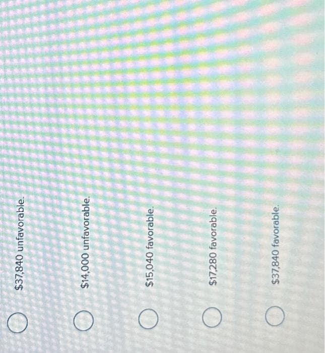O
O
O
O
$37,840 unfavorable.
$14,000 unfavorable.
$15,040 favorable.
$17,280 favorable.
$37,840 favorable.