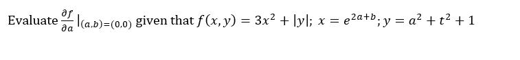 Evaluate
af
да
(a,b)=(0,0) given that f(x, y) = 3x² + [y]; x = e²a+b; y = a² + t² +1