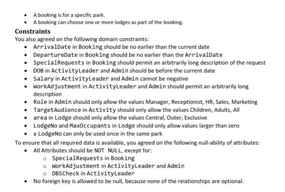 A booking is for a specific park.
A booking can choose one or more lodges as part of the booking.
Constraints
You also agreed on the following domain constraints:
• ArrivalDate in Booking should be no earlier than the current date
• DepartureDate in Booking should be no earlier than the ArrivalDate
• Special Requests in Booking should permit an arbitrarily long description of the request
DOB in ActivityLeader and Admin should be before the current date
• Salary in ActivityLeader and Admin cannot be negative
• WorkAdjustment in ActivityLeader and Admin should permit an arbitrarily long
description
• Role in Admin should only allow the values Manager, Receptionist, HR, Sales, Marketing
Target Audience in Activity should only allow the values Children, Adults, All
area in Lodge should only allow the values Central, Outer, Exclusive
•
LodgeNo and MaxOccupants in Lodge should only allow values larger than zero
a LodgeNo can only be used once in the same park
To ensure that all required data is available, you agreed on the following null-ability of attributes:
• All Attributes should be NOT NULL, except for:
o SpecialRequests in Booking
o WorkAdjustment in ActivityLeader and Admin
o DBSCheck in ActivityLeader
. No foreign key is allowed to be null, because none of the relationships are optional.