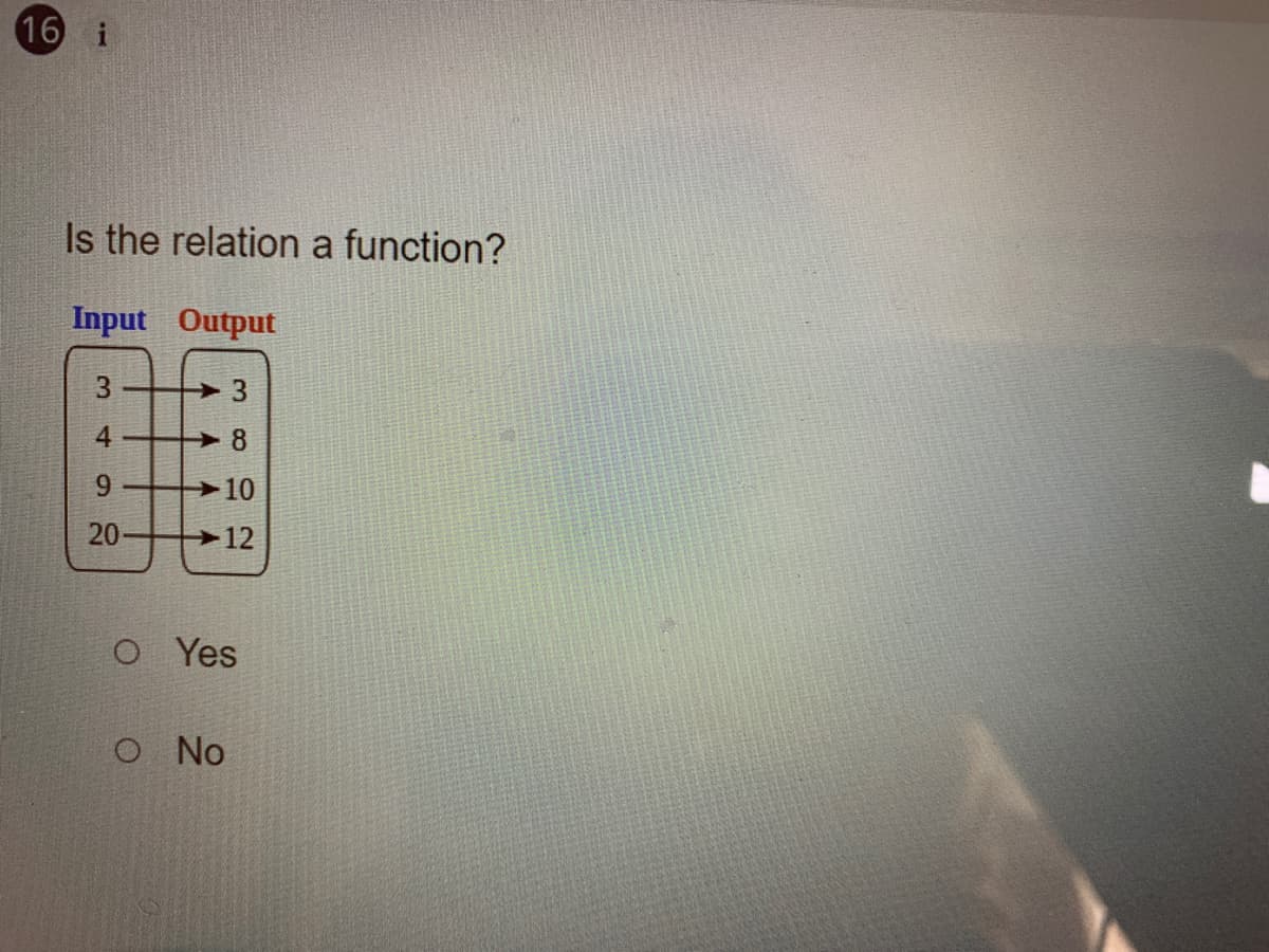 16 i
Is the relation a function?
Input Output
3
3
8
9.
10
20
12
O Yes
O No
4.
